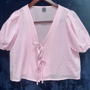 SHEIN Pink Gingham Tie-Front Blouse